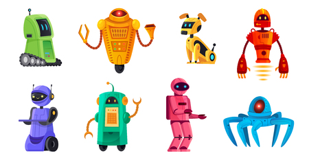 Cartoon robots. Robotics bots, robot pet and robotic android bot characters technology vector illustration setのイラスト素材