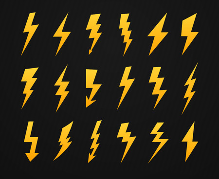 Yellow lightning silhouette. Electrical power high voltage, thunderbolt flash and energy lightnings silhouettes icons vector setのイラスト素材