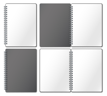 Notebook mockup. Empty copybook, notebooks pages binded on metal spiral and open bound sketchbook realistic 3d vector illustrationのイラスト素材