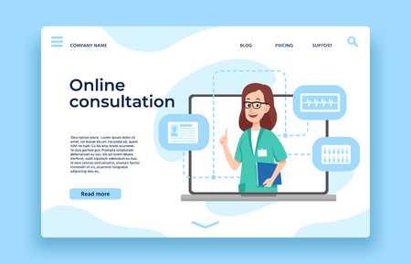 Online doctor consultation. Patient health consultation, online medical help and doctors meeting landing page. Doctor consultation, internet nursing or patient medicine asking vector illustrationのイラスト素材