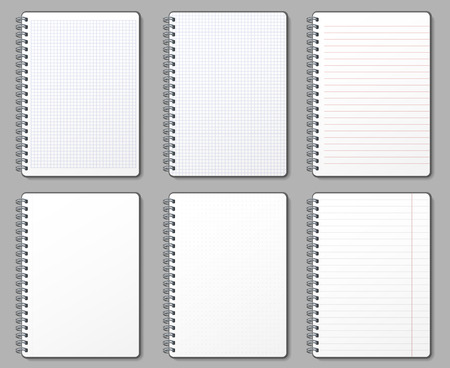 Notebook page. Lined and dotted pages, notebooks binded on metal spiral and padded sheet mockup template. Diary sheet or school education notebook. Vector 3D realistic isolated icons illustration setのイラスト素材