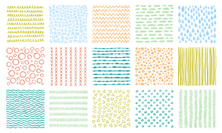 Hand drawn textures. Scribble pattern, curved lines patterns and lined texture. Creative flyer, geometric posters or abstract doodle sketch fabric. Vector background isolated signs setのイラスト素材