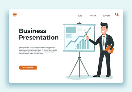 Business presentation. Presenter businessman, growing schedule chart and happy worker landing page. Professional speaker conference seminar motivational training cartoon vector illustrationのイラスト素材