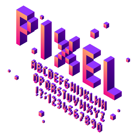 Isometric pixel art font. Arcade game fonts alphabet, retro gaming cubic typographic lettering sign and pixels numbers. Futuristic pixel letter character. Vector isolated symbols setのイラスト素材