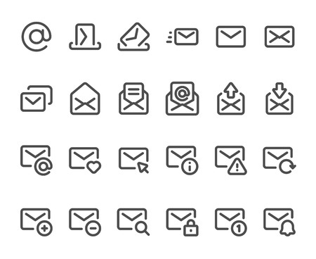 Outline mail icon. Mailbox envelope, email inbox messages and line mails. Mailings envelope lined web download, delete or new message button interface. Isolated icons vector setのイラスト素材