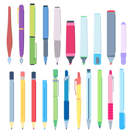 Cartoon pens and pencils. Writing pen, drawing pencil and highlighter marker. Craft writing mechanical supplies, draw ink pens and plastic paintbrush. Vector illustration isolated icons setのイラスト素材