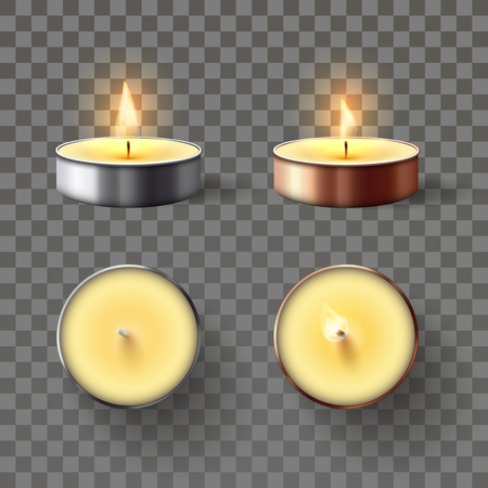 Tea candle. Romantic candles in metal flame, relaxing wax candle fire and spa aromatherapy candlelight. Burning aromatic candles, spa aromatherapy or church memorial glow. Isolated 3D vector icons setのイラスト素材