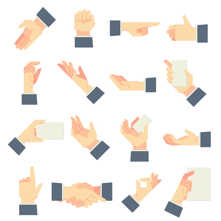Businessman hands gestures. Direction pointing hand, giving handful gesture and hold in male hands. Man motion hand, businessmans thumbs. Cartoon vector illustration isolated icons setのイラスト素材
