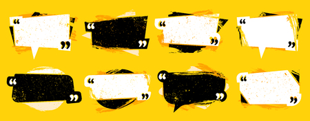 Grunge quote in quotes. Textured quotation frame, comment speech frames and quotations template. Citation quote message, dialog textbox or quality note box bubble. Vector isolated icons setのイラスト素材