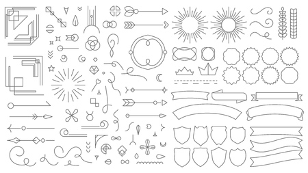 Retro line emblem elements. Vintage decorative drawing badges, old style lined dividers and frame borders lines. Decoration insignia, geometric deco border. Isolated symbols vector setのイラスト素材