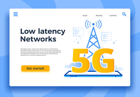 Mobile 5G landing page. Fast internet connection, low latency networks and communication network...