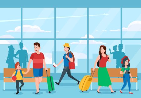 Busy airport terminal. Business travelers, family vacations travel and traveler waiting at airports terminals. People airport honeymoon travelling, airplane tourist or departure vector illustrationのイラスト素材
