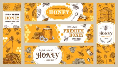 Honey banner. Healthy sweets, natural bees honey pot and bee farm products banners. Bees wax or honey jar sticker, beekeeper eco gourmet food advertisment sale label or brochure vector collectionのイラスト素材