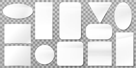 White paper labels. Blank label stickers, sticky papers tags and sign shapes. A4 square card label sticker or rectangular triangle sticky notice tags. Isolated vector icons setのイラスト素材