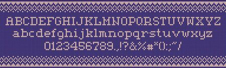 Ugly sweater font. Knitted letters, christmas holiday clothes sweaters and xmas knits fabric. Knitted alphabet, new year jumper abc letter and numbers vector illustration symbols setのイラスト素材