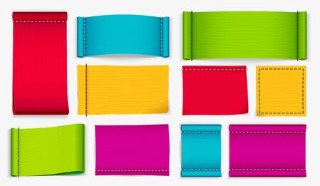 Stitched textile label. Clothes labels, color fabric tags and clothing badge tag. Textil badge, fashion fabrics sewing stitch size labels. Realistic isolated vector signs setのイラスト素材