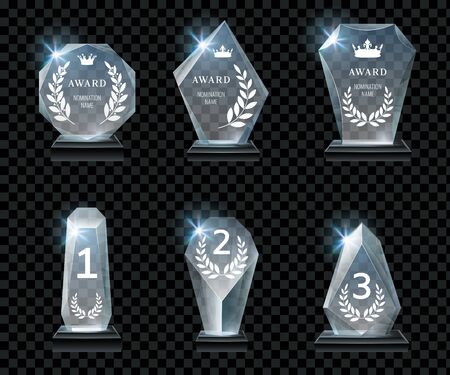 Winner glass trophy. First place award, crystal prize and signed acrylic trophies. Glass awarding trophy, championship win glossy cup. Realistic isolated vector signs setのイラスト素材