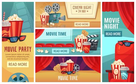 Cartoon cinema banner. Movie night tickets, cinemas popcorn and 3d film projector banners. Movies premier poster, ticket or retro invitation card vector illustration setのイラスト素材