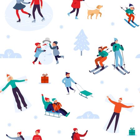 Winter holiday activities seamless pattern. Happy people walking outdoor, december holidays and winters snow fun. Xmas outdoors activity game, winter sport gift wrapping vector illustrationのイラスト素材