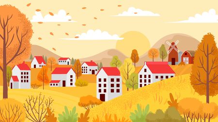 Autumn village landscape. Countryside autumnal gardens, yellow trees and sunny day. Farm agriculture autumn fall season nature vector background illustrationのイラスト素材