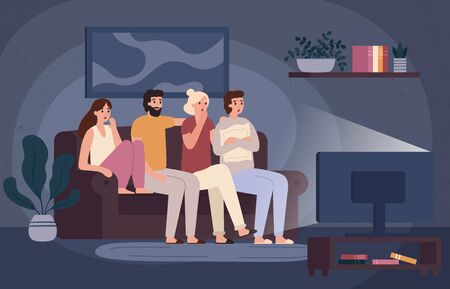 Friends watching horror movie together. Scared teens sitting on sofa and watch scary movie in dark living room. Fear face characters, young people watching film and afraid vector illustrationのイラスト素材