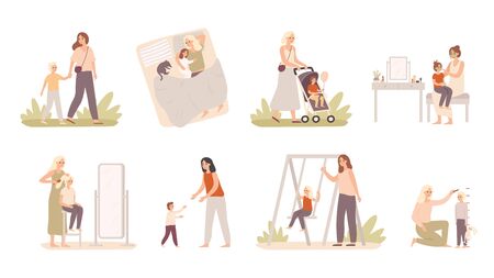 Mother and child. Mom play with daughter and son, motherhood love and happy kids. Parenting relationship, mom support kids. Isolated vector illustration icons setのイラスト素材