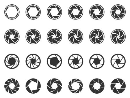 Camera lens diaphragm. Photo lenses aperture, cameras shutter silhouette icon and shutter apertures pictogram.のイラスト素材