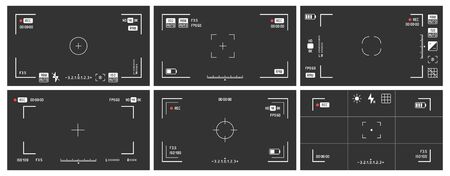 Video camera viewfinders. Recording view frame, cinema rec viewing screen and dslr cam viewfinder. Video filming screen, shooting camera recording display isolated vector setのイラスト素材