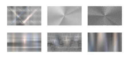 Brushed metal. Steel metallic texture, polished chrome and silver metals shine realistic backdrop. Stainless metal, nickel or aluminium chrome panels. Isolated vector background setのイラスト素材