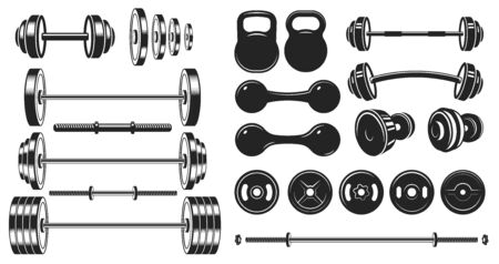 Gym equipment silhouette. Fitness sport, heavy weight barbell and vintage bodybuilding stencil. Wellness equipment, fit exercise or yoga training iron lift sign. Isolated vector illustration icons setのイラスト素材