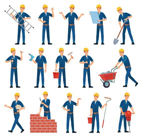 Cartoon worker character. Technician workers, builder and mechanic. Male workers, engineer foreman character or factory working employee and architect. Isolated vector illustration icons setのイラスト素材