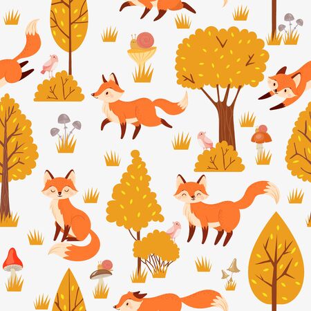 Seamless forest foxes pattern. Cute red fox among yellow trees, wild animal nature. Foxy woodland wallpaper, kawaii fur foxes fabric or wrapping cartoon background vector illustrationのイラスト素材