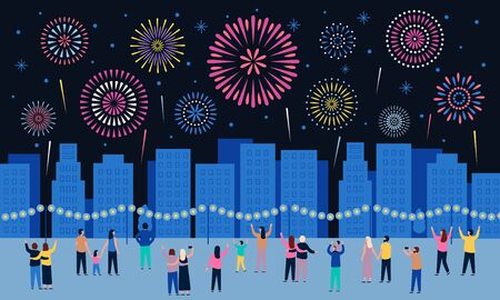 Crowd watching fireworks. Dark night city with firework pyrotechnic show, people look in sky and celebrate holidays. Town firework festival, sky explode vector illustrationのイラスト素材