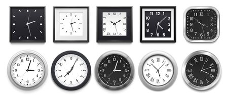 Realistic clock. Modern white round wall clocks, black watch face and time watch mockup. Deadline timer clock, classic watches. Isolated 3d vector illustration signs setのイラスト素材