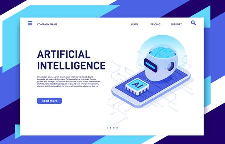 Isometric mobile artificial intelligence. AI smartphone, digital brain technology and neural network chip. Future mobile phone augmented reality app solutions wireless vector illustrationのイラスト素材