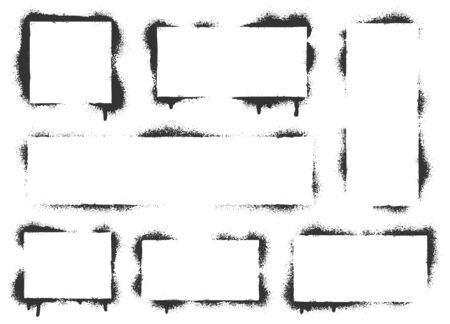 Spray paint graffiti stencil frames. Black airbrushing paint banner, stenciling backdrop and spray paint texture borders. Brush splash abstract rectangular stencil border. Isolated vector icons setのイラスト素材