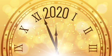 Shiny 2020 New Year poster. Christmas celebration clocks countdown on golden bokeh backdrop. Xmas...