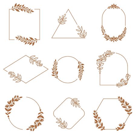 Floral ornament badge frames. Ornamental flowers, leaves and branches wreath badges frame. Minimalist decorative emblem frames, vintage botanical borders. Isolated vector signs setのイラスト素材