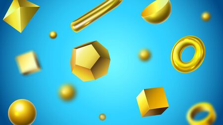 Golden abstract 3D geometric shapes. Shiny gold objects, realistic golden figures and abstraction. Gold realistic geometry forms banner, geometrical background vector illustrationのイラスト素材