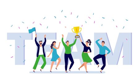 Team of corporate people celebration. Happy office workers celebrate win golden cup, teamwork trophy and success persons. Businessman celebration festival party flat vector illustrationのイラスト素材