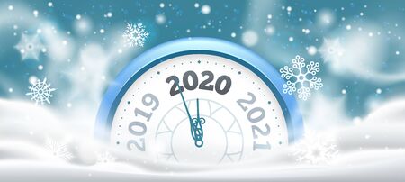 New Year winter clock. Celebration 2020 countdown in snow, holiday clocks. Christmas midnight make wishes time alarm, Xmas holiday party clock flyer vector illustrationのイラスト素材