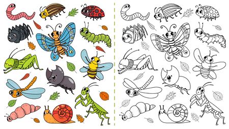 Cartoon insects color painting game. Draw cute insect with kids, funny bug, worm and caterpillar. Children education beetle insects coloring painting book vector illustrationのイラスト素材