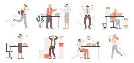 Stressed business people. Busy office workers, angry boss in panic and work chaos. Failure deadline stress, stressed job and tired confusing businessman worker. Isolated vector illustration icons setのイラスト素材