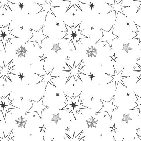 Seamless hand drawn stars pattern. Doodle star, sketch night sky. Starry xmas wrapping, textile ornament or childrens room wallpaper vector illustrationのイラスト素材
