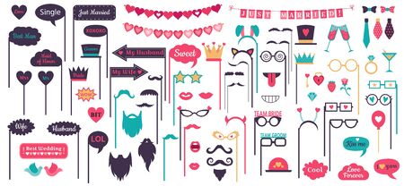 Photo booth props. Wedding speech bubble frames, doodle love heart frame, mustache and glasses on prop. Marriage day photo props decoration. Isolated vector signs setのイラスト素材