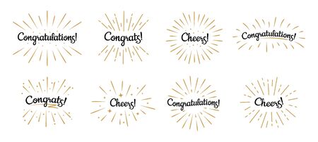 Congratulations lettering. Congrats label, cheers celebration and congratulation text badges with golden burst. Congrats quotation card. Isolated vector symbols setのイラスト素材