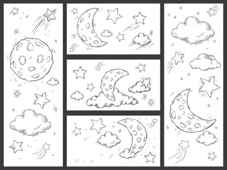 Sketch night sky with moon. Hand drawn moon, night stars and doodle dream sleep clouds vector illustration set. Crescent in starry sky and shooting stars coloring book drawings collectionのイラスト素材