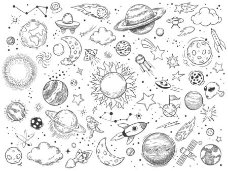 Space doodle. Astrology doodles, sketch space universe planets and hand drawn cosmic rocket vector illustration set. Monochrome celestial bodies, spacecrafts and astronomy symbols drawings packのイラスト素材