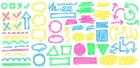 Color highlight marker strokes. Colorful markers cross and tick mark, doodle highlights arrows and marker stroke frames vector set. Multicolor symbols, arrows, speech clouds and geometric shapesのイラスト素材