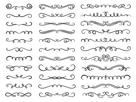 Calligraphic flourish dividers. Decorative scroll divider for wedding invite card design, vintage ornate borders and filigree flourishes graphics vector set. Filigree black and white ornamentsの販売画像